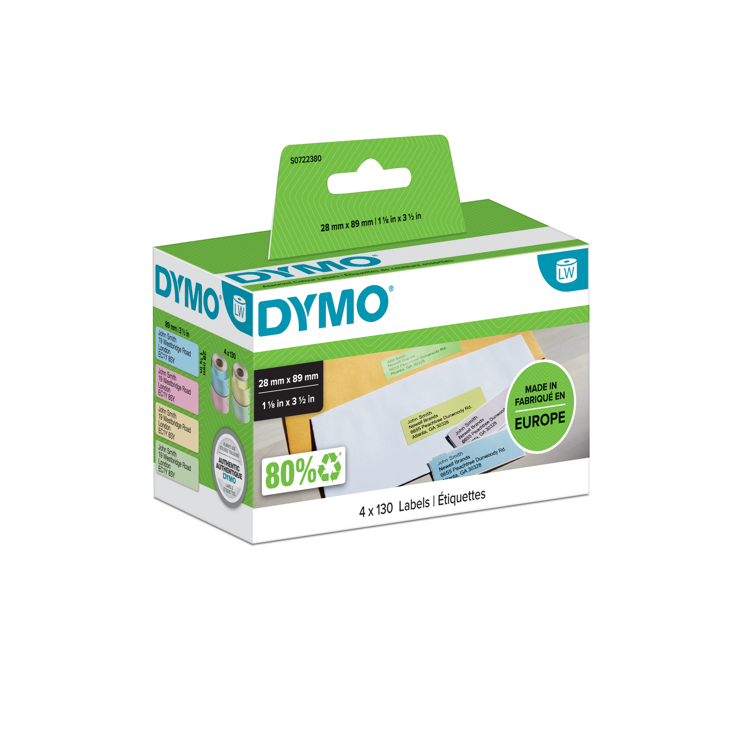 DYMO LabelWriter Labels - 28mmx89mm - Yellow, Pink, Blue, Green - 4 x 130 rolls