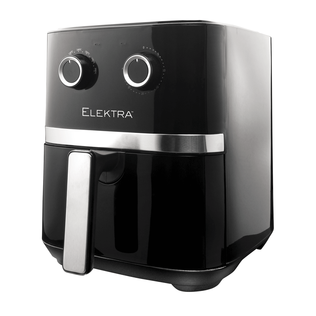 Elektra 5L Mechanical Air Fryer in black, featuring mechanical controls for easy cooking and a sleek design.