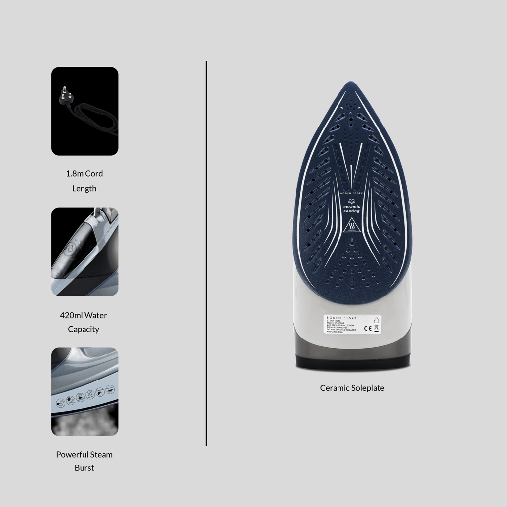Boden Stark 2200W Ceramic Steam Iron showcasing features: ceramic soleplate, 1.8m cord, 420ml capacity, steam burst.