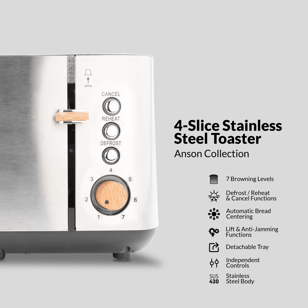 Boden Stark Anson Collection 4-Slice Stainless Steel Toaster featuring adjustable browning, defrost, and lift functions.