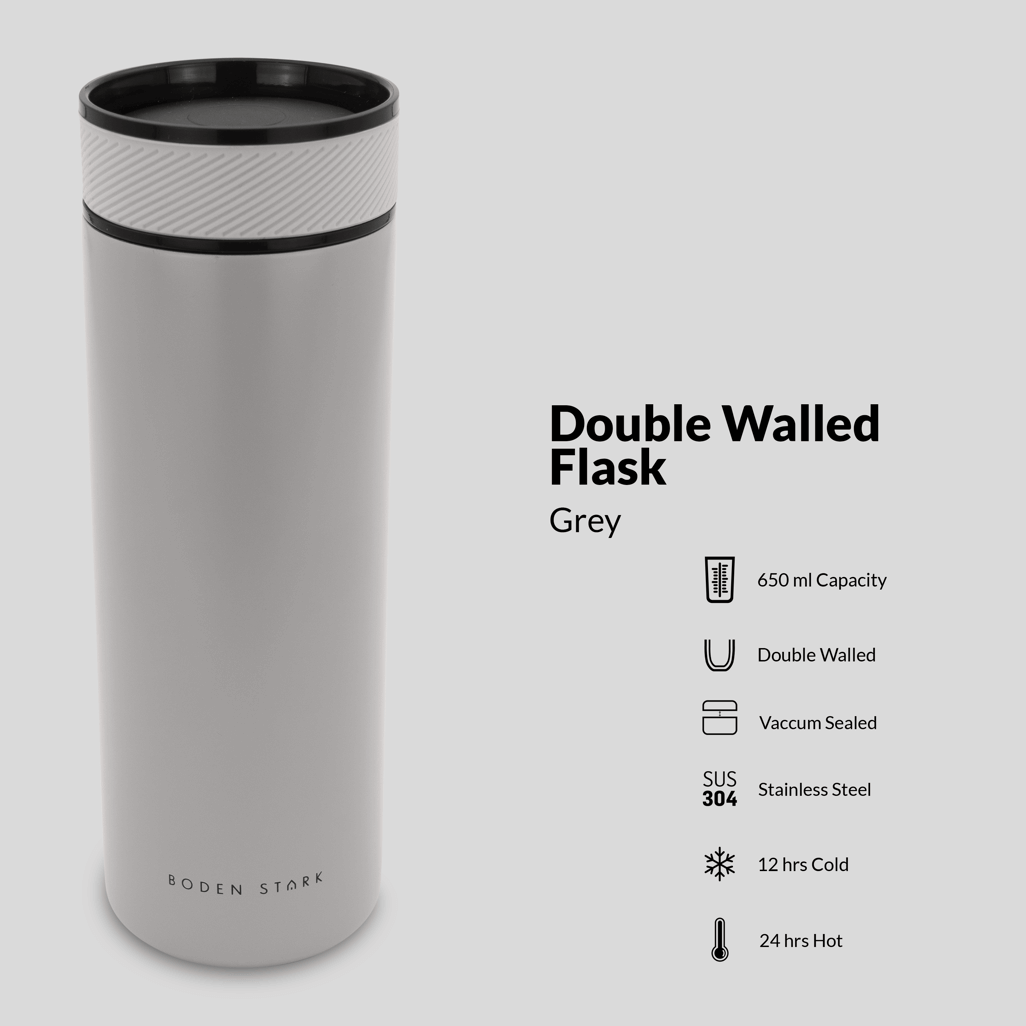 Boden Stark 650ml double-walled flask in grey, perfect for keeping drinks hot for 24 hours and cold for 12 hours.