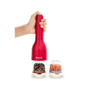 FINAMILL battery-operated grinder in Sangria color, hand holding the grinder over spice containers.