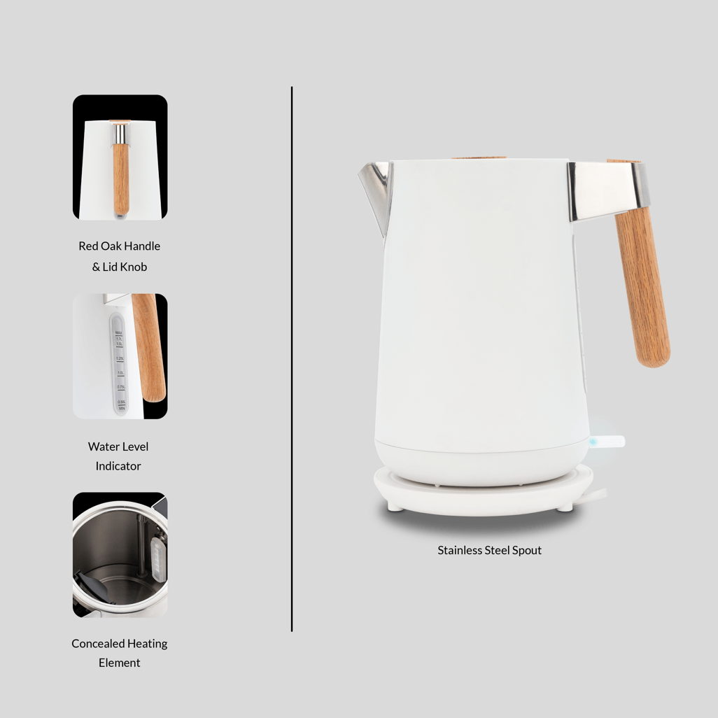 Boden Stark Anson Collection 1.7L kettle with red oak handle, water level indicator, and stainless steel spout, in white.