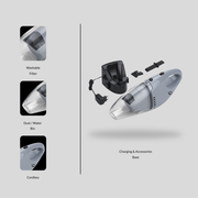 Boden Stark Handheld Vacuum cleaner with washable filter, dust bin, charging base, and accessories.
