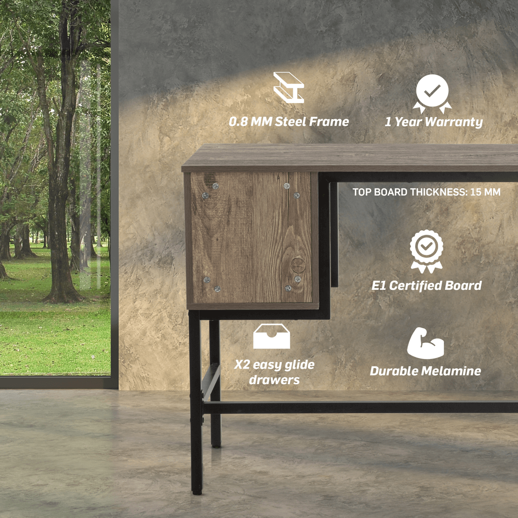 Everfurn Rampart Office Desk with Two Drawers, Powder Coated Steel, Adjustable Feet