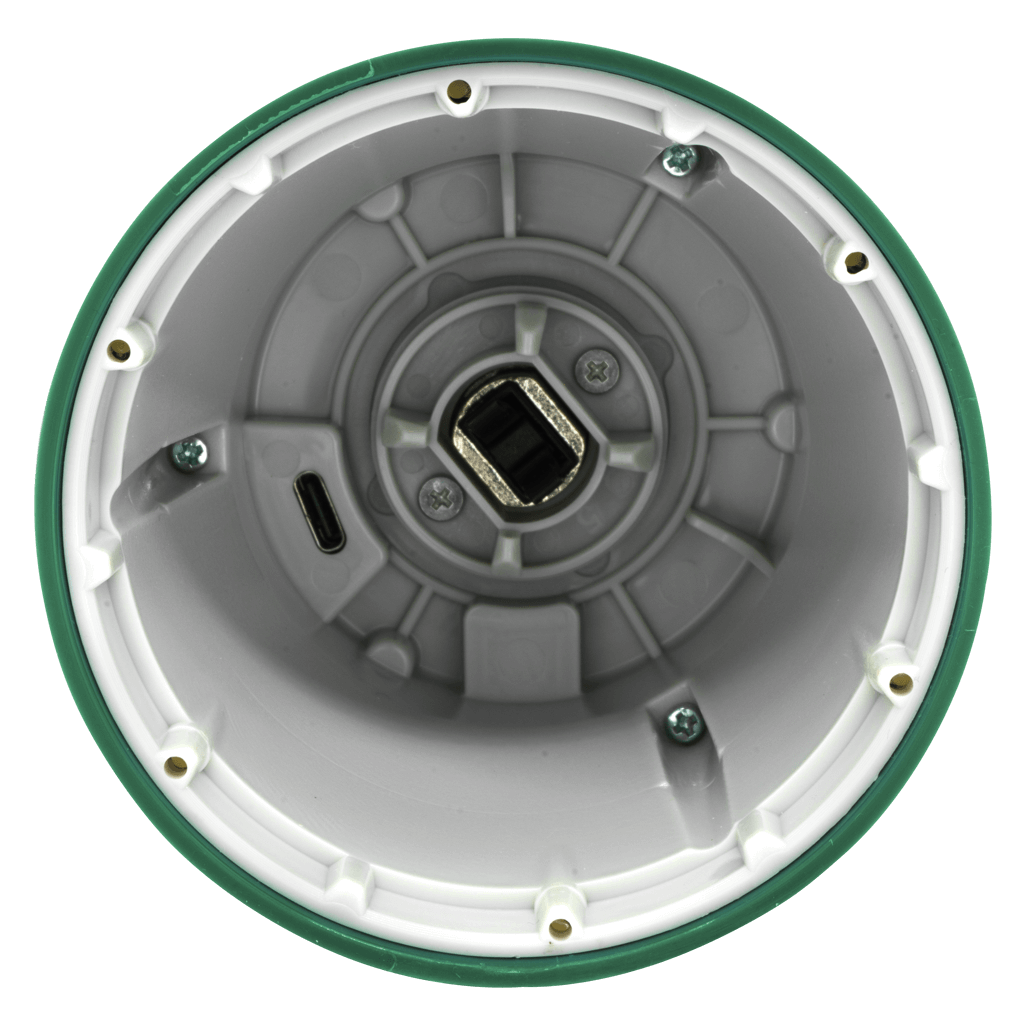 Bottom view of the FINAMILL rechargeable grinder - Sage, showcasing its design and USB-C charging port.