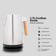 Boden Stark Anson Collection 1.7L cordless kettle with stainless steel body and wood handle, 2200W power, boil dry protection.