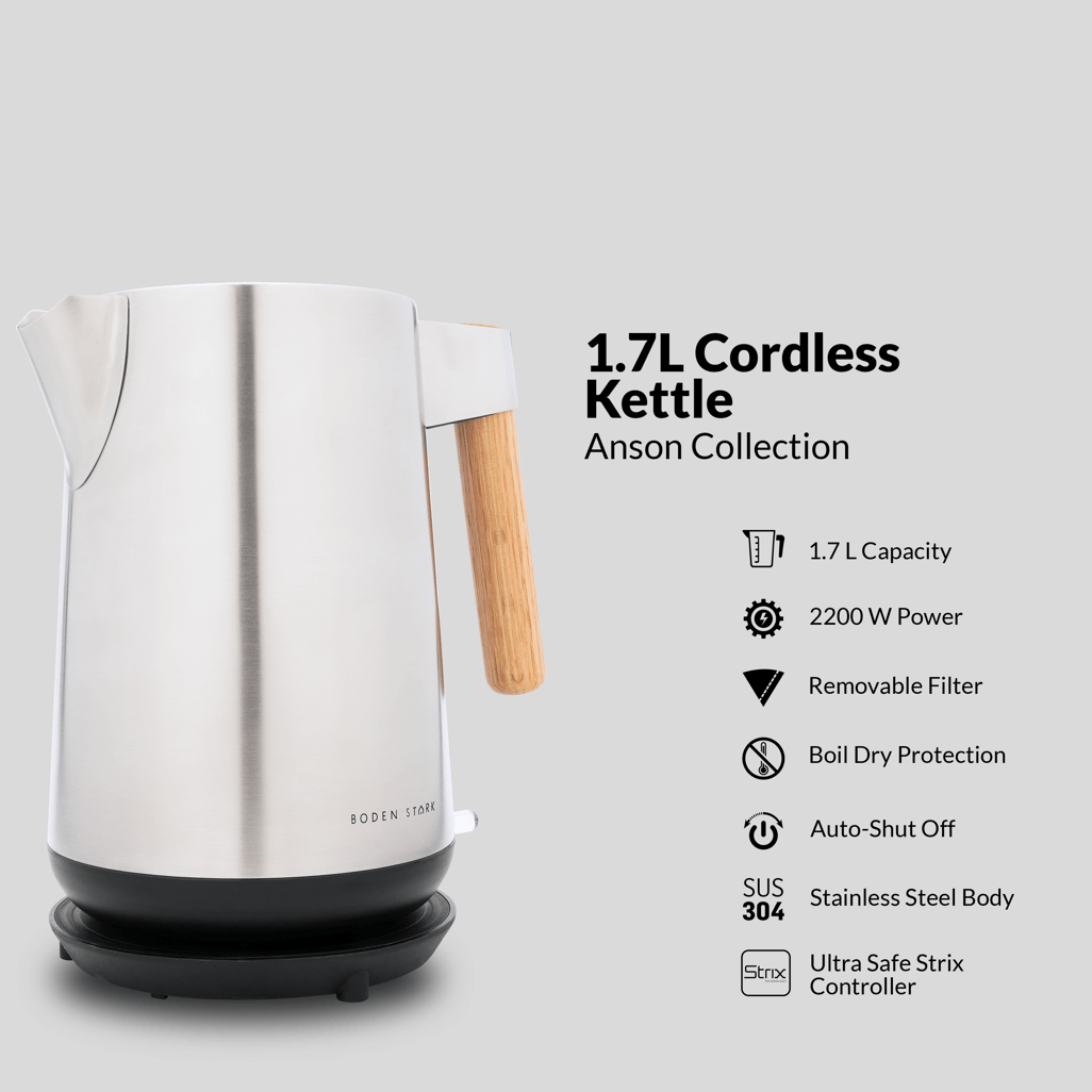 Boden Stark Anson Collection 1.7L cordless kettle with stainless steel body and wood handle, 2200W power, boil dry protection.