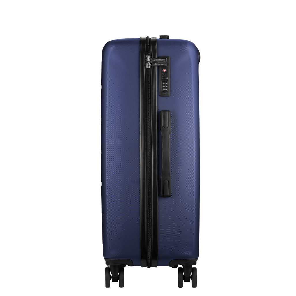 Travelwize Maple ABS 65cm spinner luggage in navy with four wheels and a secure lock system.