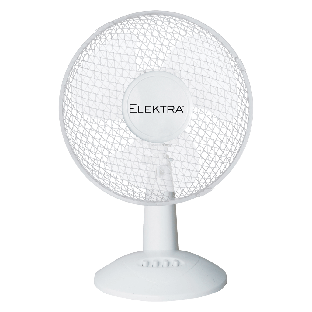 Elektra 30cm desk fan with sleek white design and adjustable head for personalized airflow.