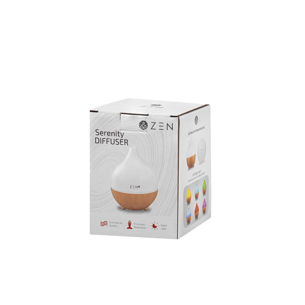 Zen Serenity Diffuser in white packaging, showcasing its elegant design and functionality for aromatherapy.