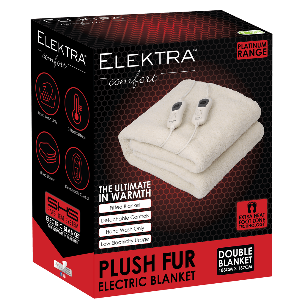 Elektra Comfort Plush Fur Electric Blanket, Double Size, 188cm x 137cm, featuring detachable controls and low electricity usage.