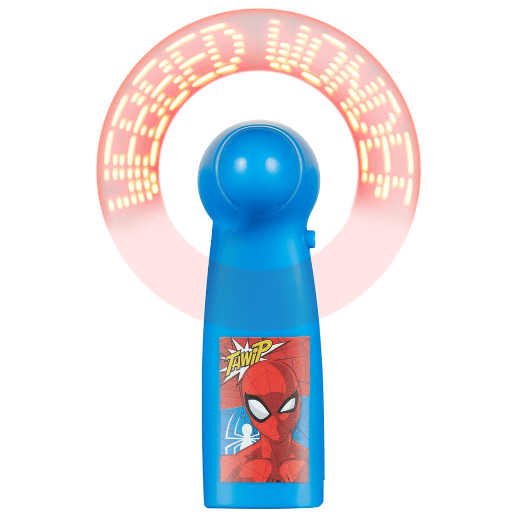 Spider-Man handheld fan featuring a colorful design and LED lights creating fun patterns for kids.