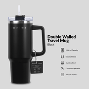 Boden Stark 1200ml Black Travel Mug with double wall, stainless steel, one-hand operation, and vacuum seal.