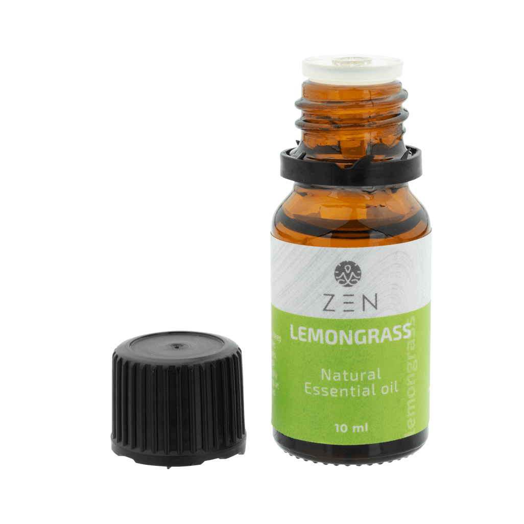 Zen Oil Lemongrass essential oil bottle, 10 ml, promoting relaxation and soothing aroma, ideal for diffusers.
