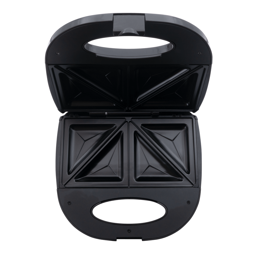 ELEKTRA Sandwich Press open view showcasing non-stick plates in sleek black design for perfect toasted sandwiches.