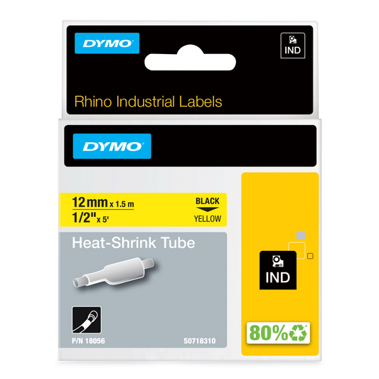 DYMO D1 Labelling Tape - Heat Shrink Tube - Black on Yellow - 12mmx1.5m