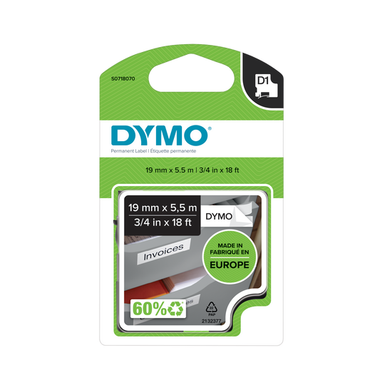 DYMO D1 Labelling Tape - Permanent Polyester - Black on White - 19mmx5.5m