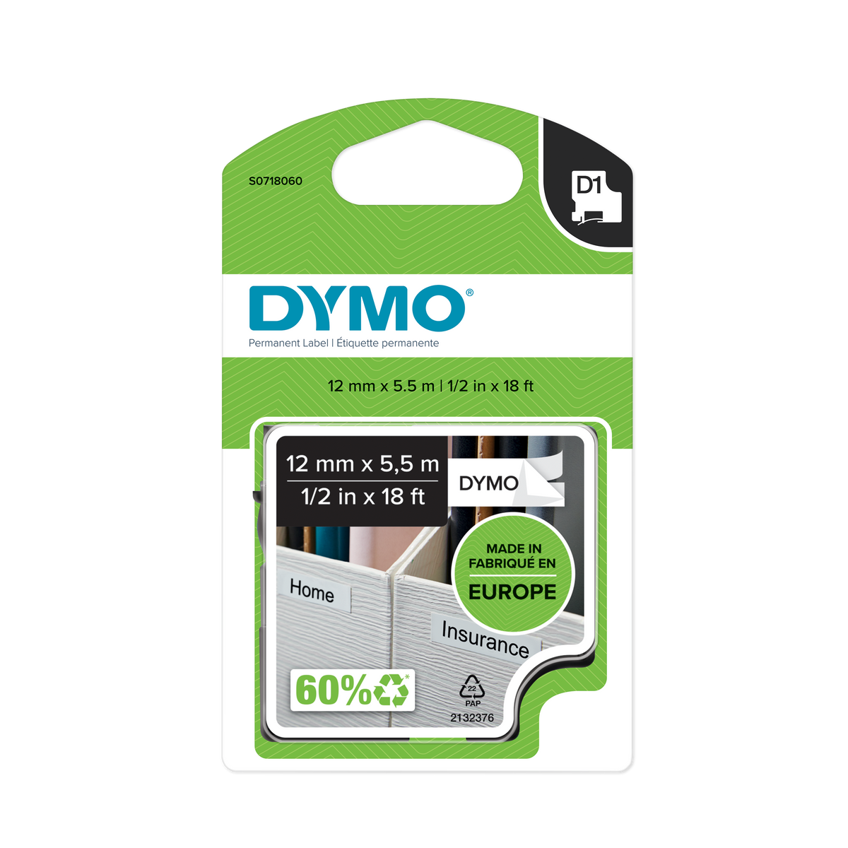 DYMO D1 Labelling Tape - Permanent Polyester - Black on White - 12mmx5.5m