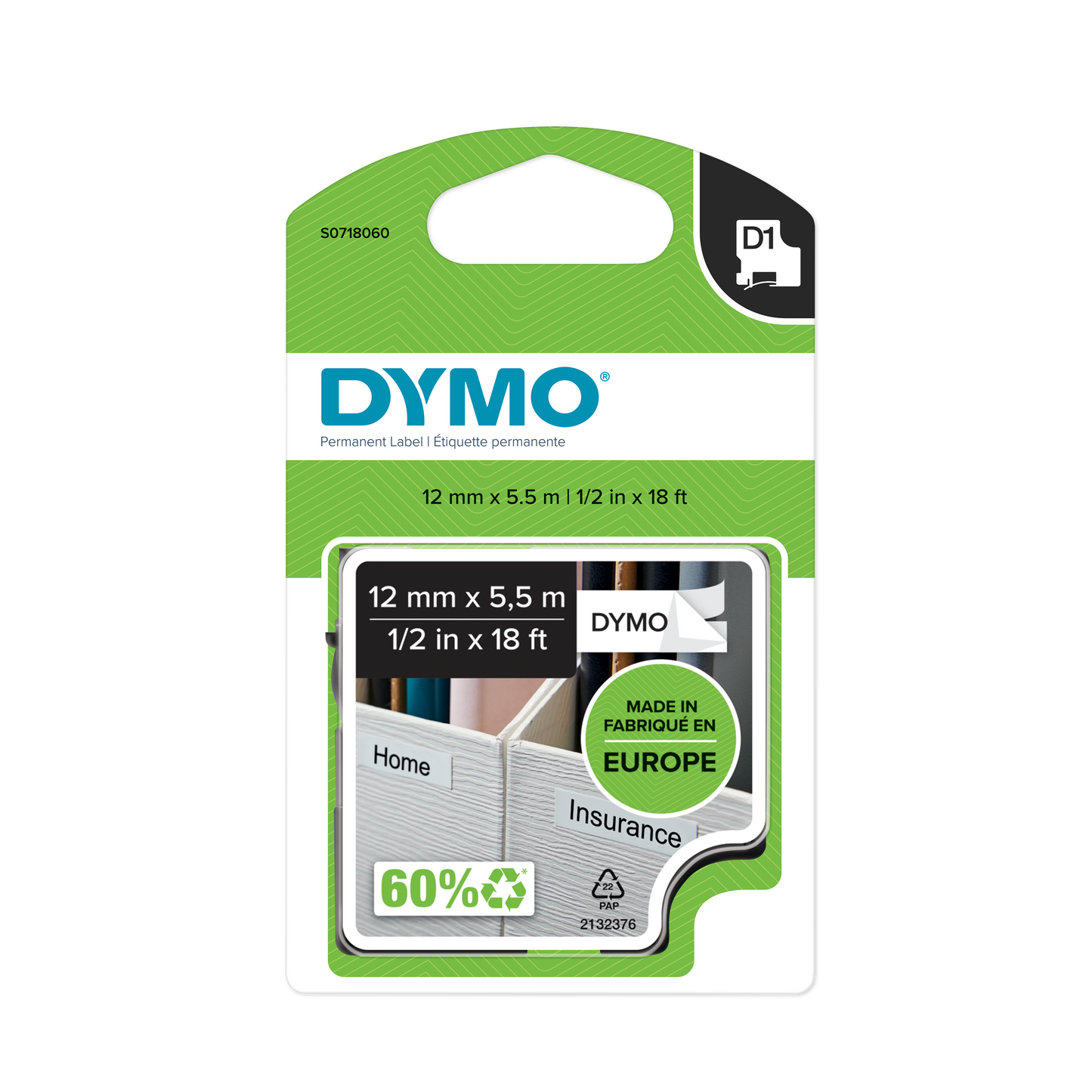 DYMO D1 Labelling Tape - Permanent Polyester - Black on White - 12mmx5.5m