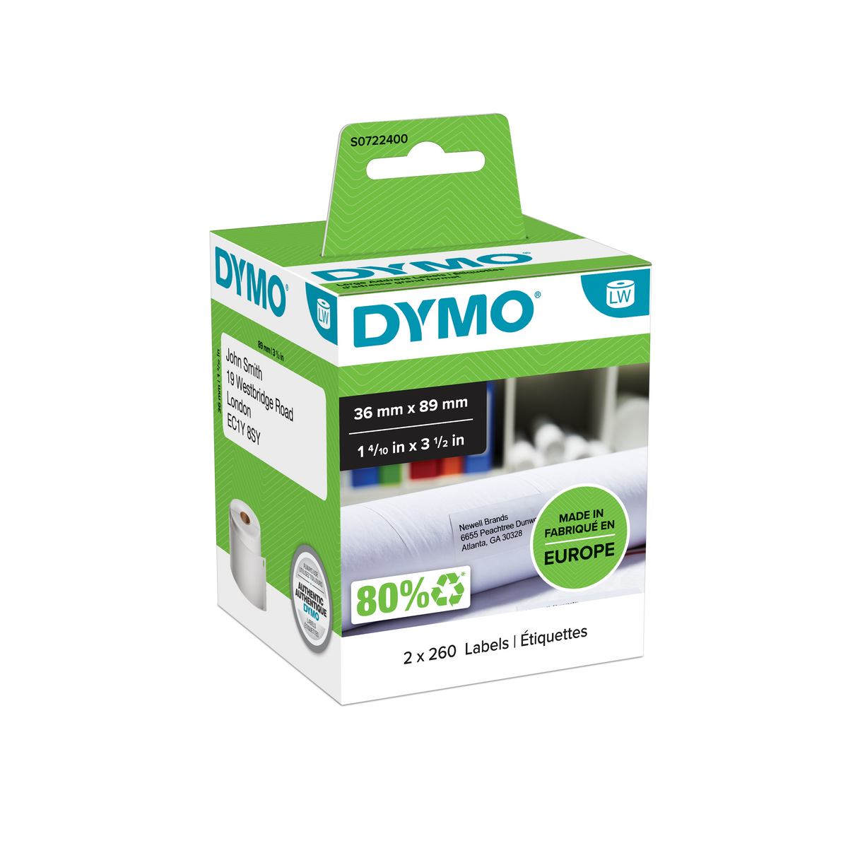 DYMO LabelWriter Labels - 36mmx89mm - Black on White - Box of 260
