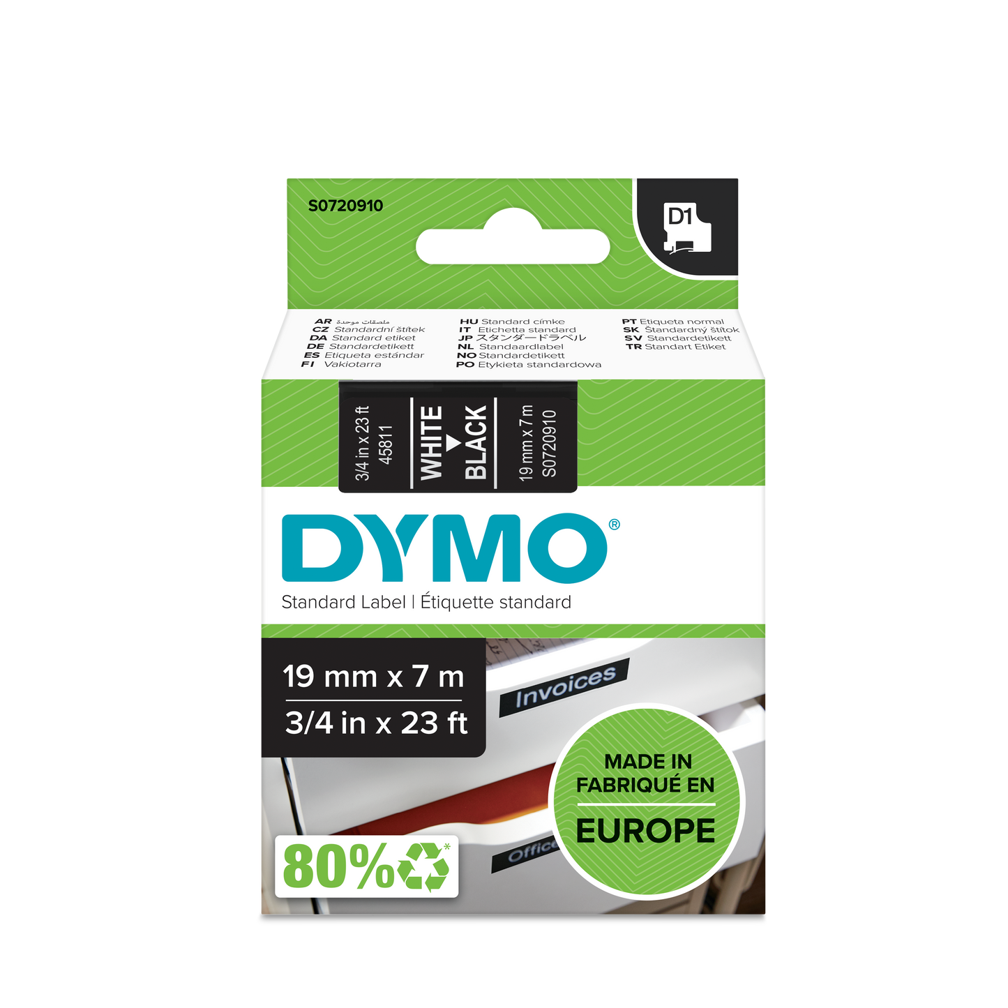 DYMO D1 Labelling Tape -  Removable Polyester - White on Black - 19mmx7m