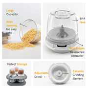 FinaPod Pro Plus features: large capacity, BPA-free, wide opening, adjustable grind, and perfect storage options.