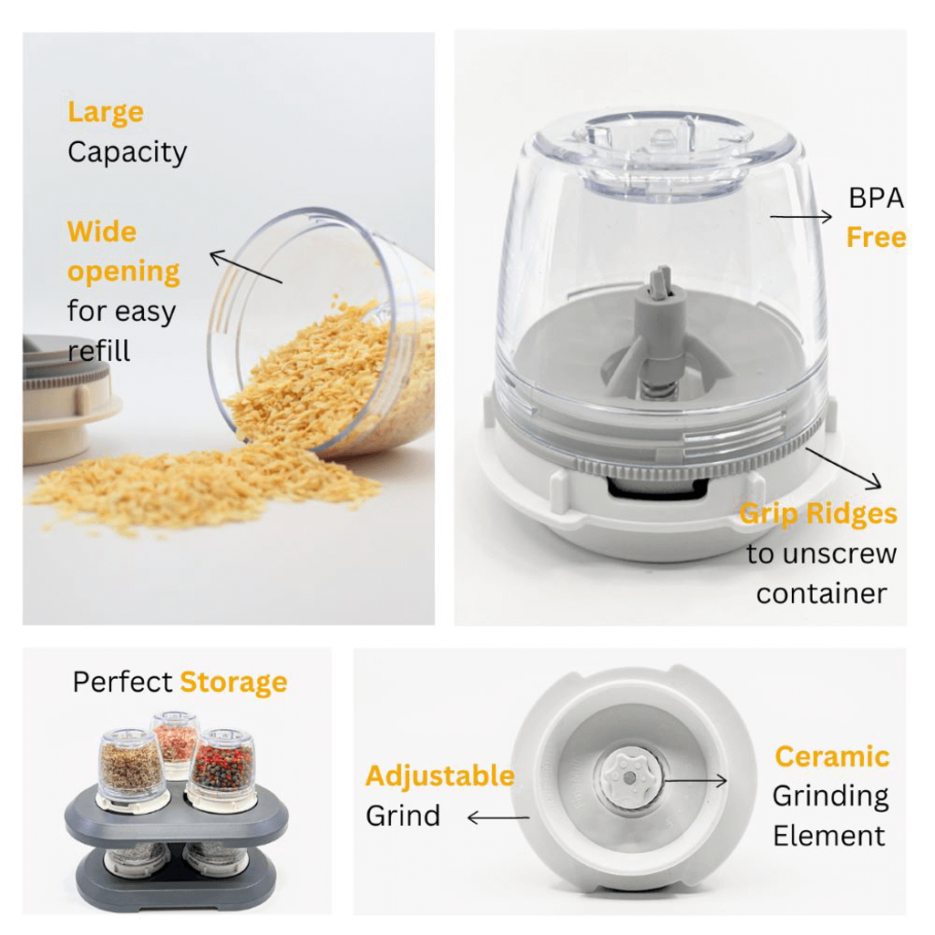 FinaPod Pro Plus features: large capacity, BPA-free, wide opening, adjustable grind, and perfect storage options.