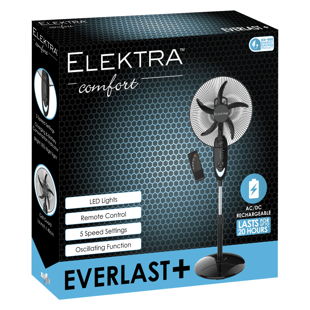 Elektra 2707 Everlast+ stand fan box with features: LED lights, remote control, 5 speed settings, oscillating function.