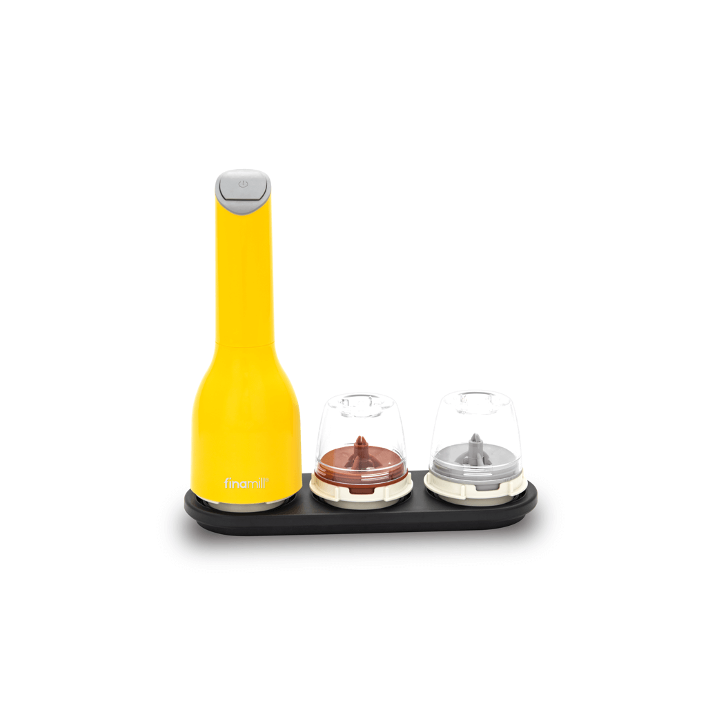 FINAMILL Canary battery-operated grinder with spice jars, stylish yellow design for easy grinding.