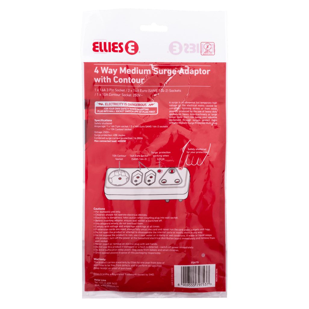 Ellies 4 Way Medium Surge adaptor with Schuko - White