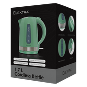 ELEKTRA 1.7L cordless kettle box showcasing 360° base and safety features in green color.