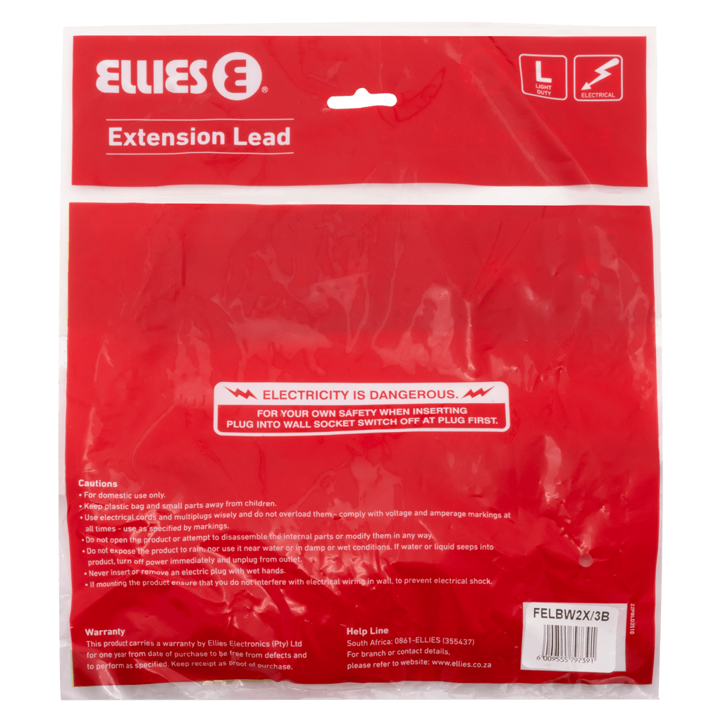 Ellies Side by Side Light Duty Extension Lead-3M-BK
