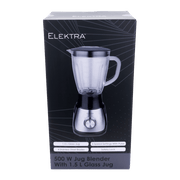 ELEKTRA 500W Jug Blender with 1.5L Glass Jug, 5 speed settings, and stainless steel blades.