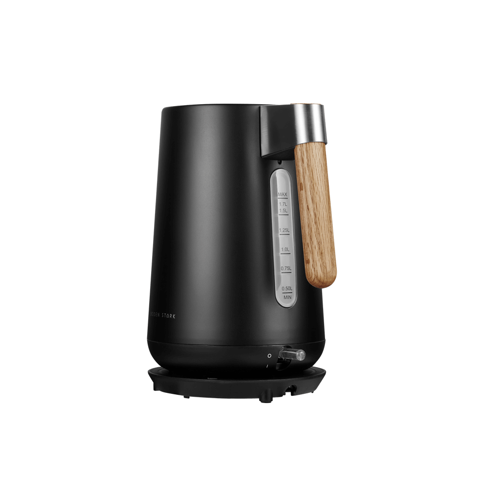 Boden Stark Anson Collection black stainless steel kettle with wooden handle, 1.7L capacity, 2000W.