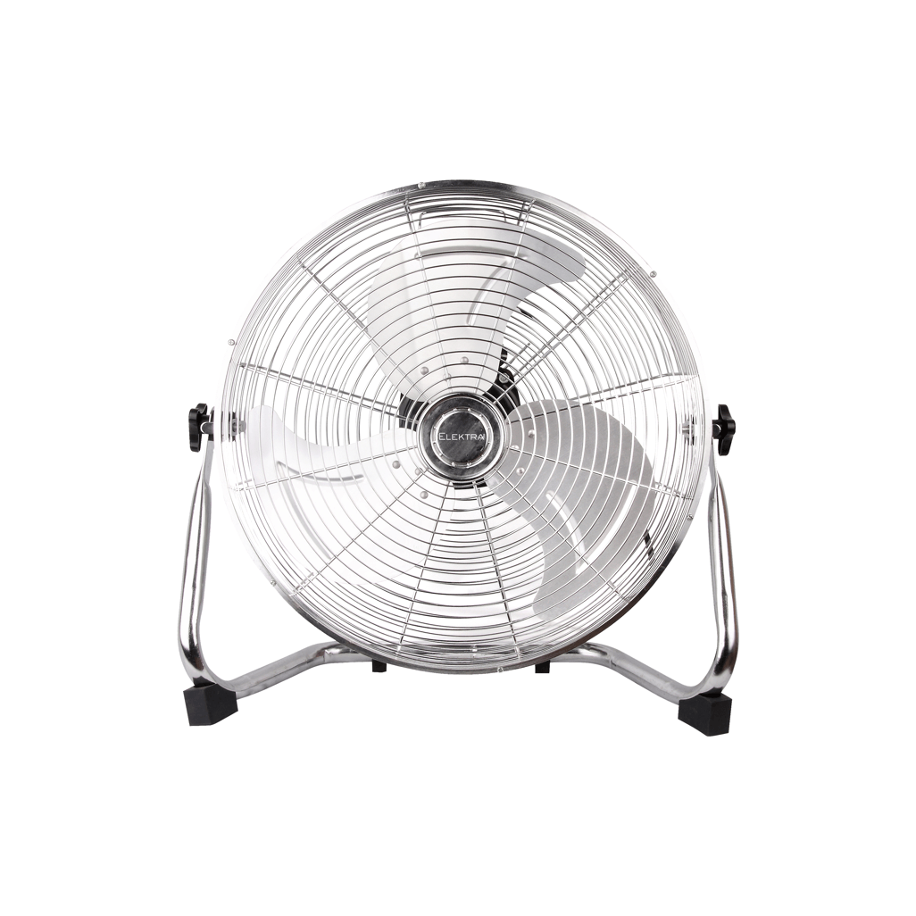 ELEKTRA POWER FAN with a chrome finish, designed for high airflow and efficient cooling in any space.