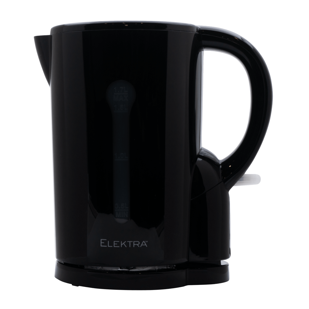 ELEKTRA 1.7L black cordless kettle with dual water measurement markings for easy filling.
