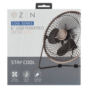 ZEN Cool series 6 inch desk fan in copper packaging, featuring USB power, strong airflow, and swivel body design.