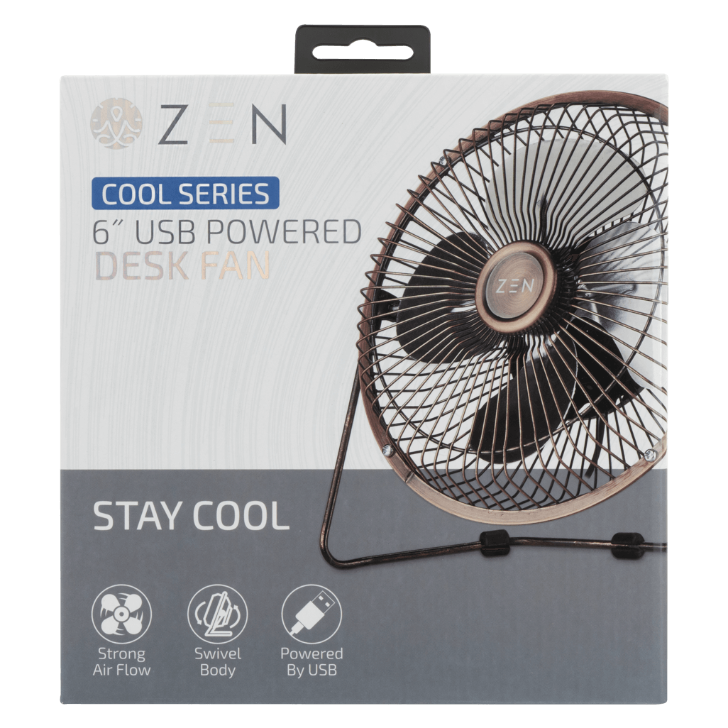 ZEN Cool series 6 inch desk fan in copper packaging, featuring USB power, strong airflow, and swivel body design.