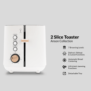 Boden Stark Anson Collection 2 Slice Toaster in white with features like 7 browning levels and a detachable tray.