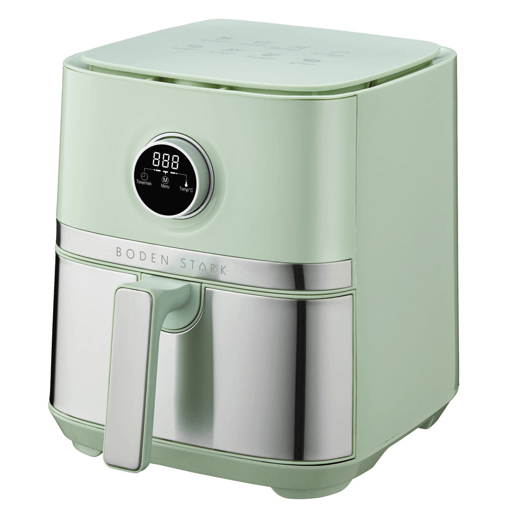 Boden Stark 5.0L Digital Air Fryer in green, showcasing its sleek design and digital display, ideal for healthy cooking.