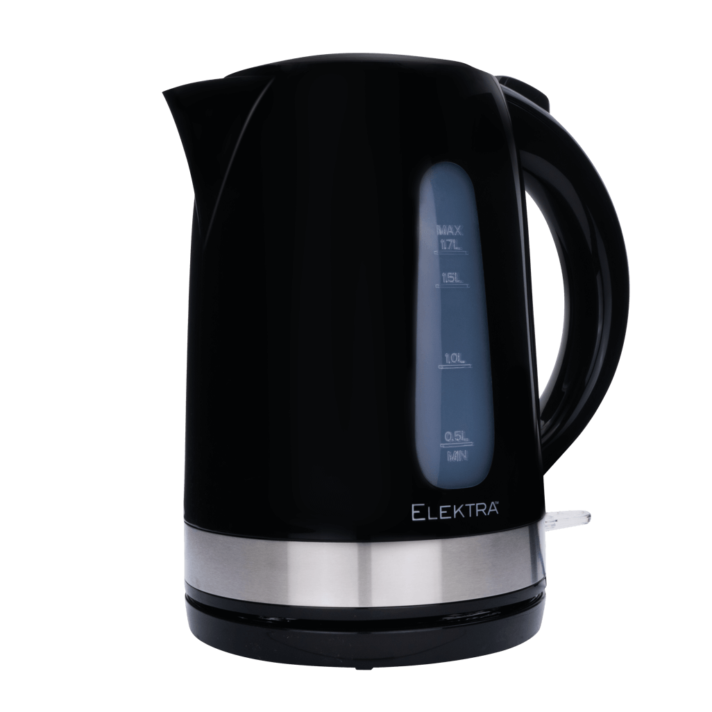 ELEKTRA 1.7L plastic kettle in black with stainless steel accent, ideal for quick boiling and modern kitchens.