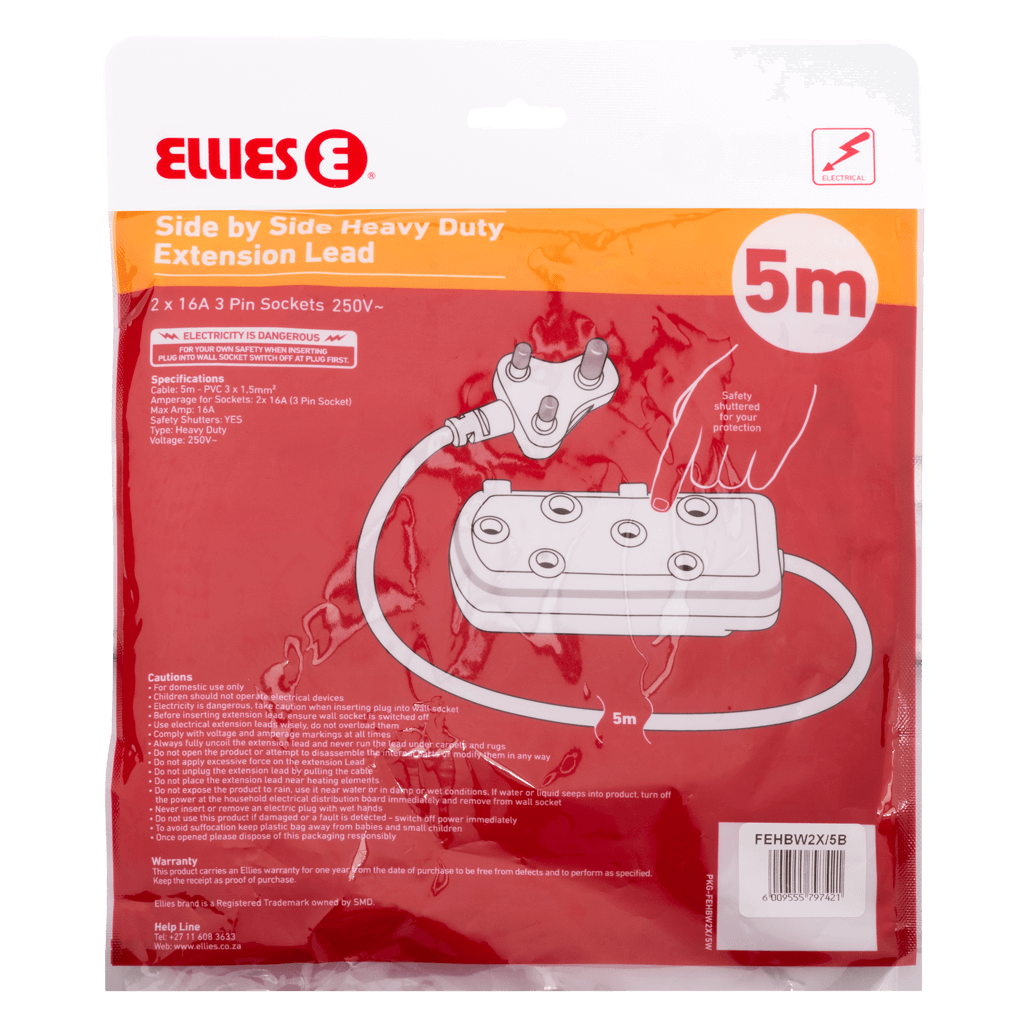 Ellies Side by Side Heavy Duty Extension Lead-5M-BK