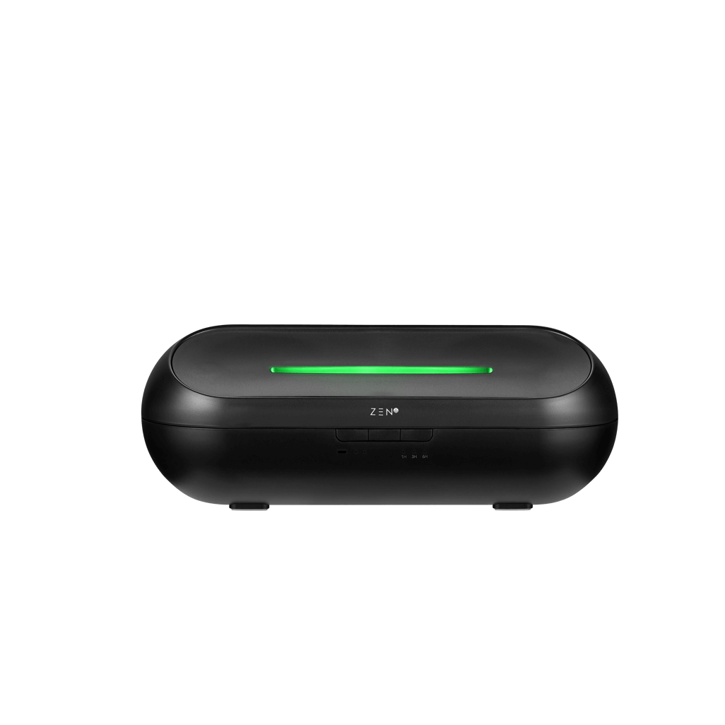 Zen Radiant Diffuser in sleek black finish with green LED light for aromatherapy and relaxation.