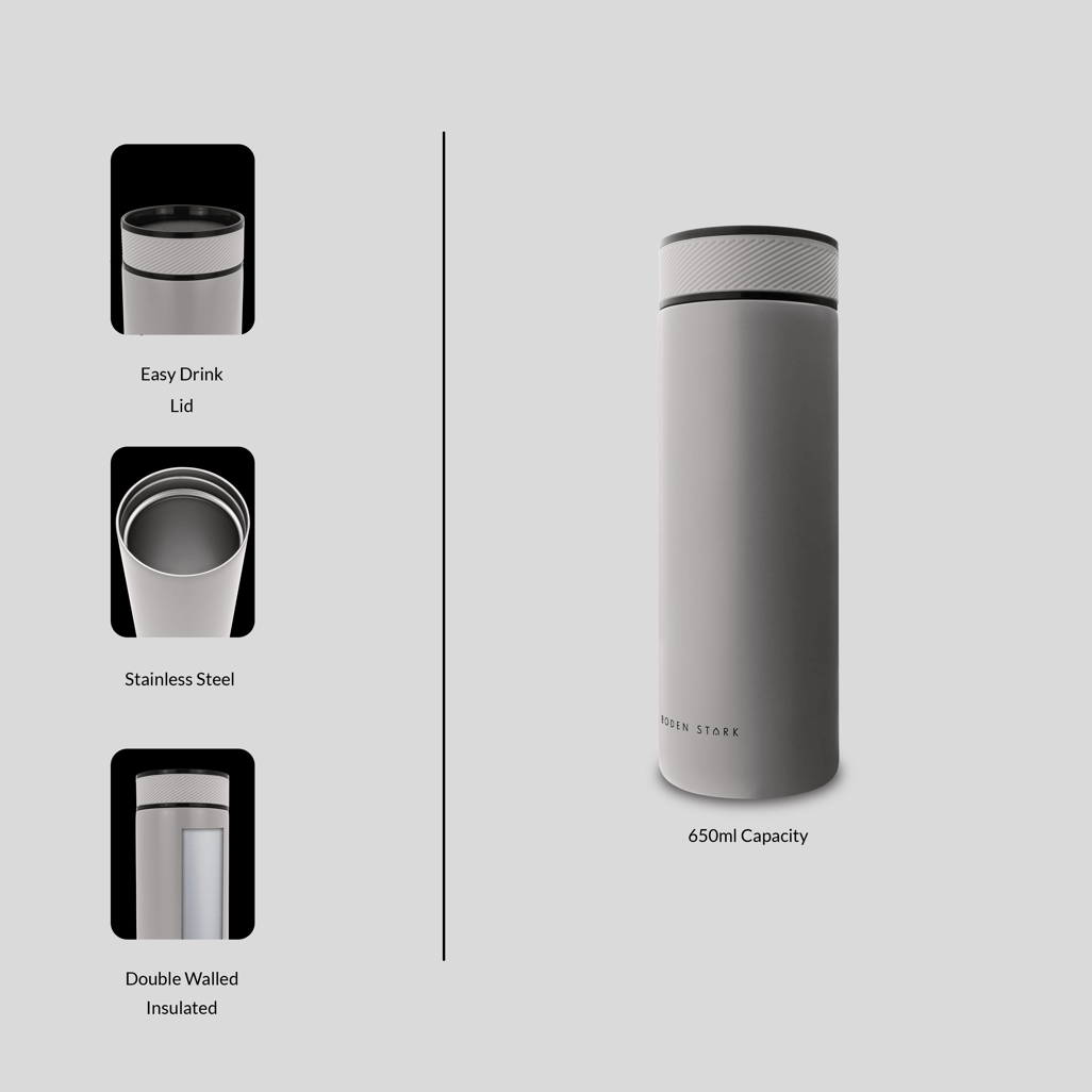 Boden Stark 650ml double-walled flask in grey, featuring easy drink lid and stainless steel insulated design.