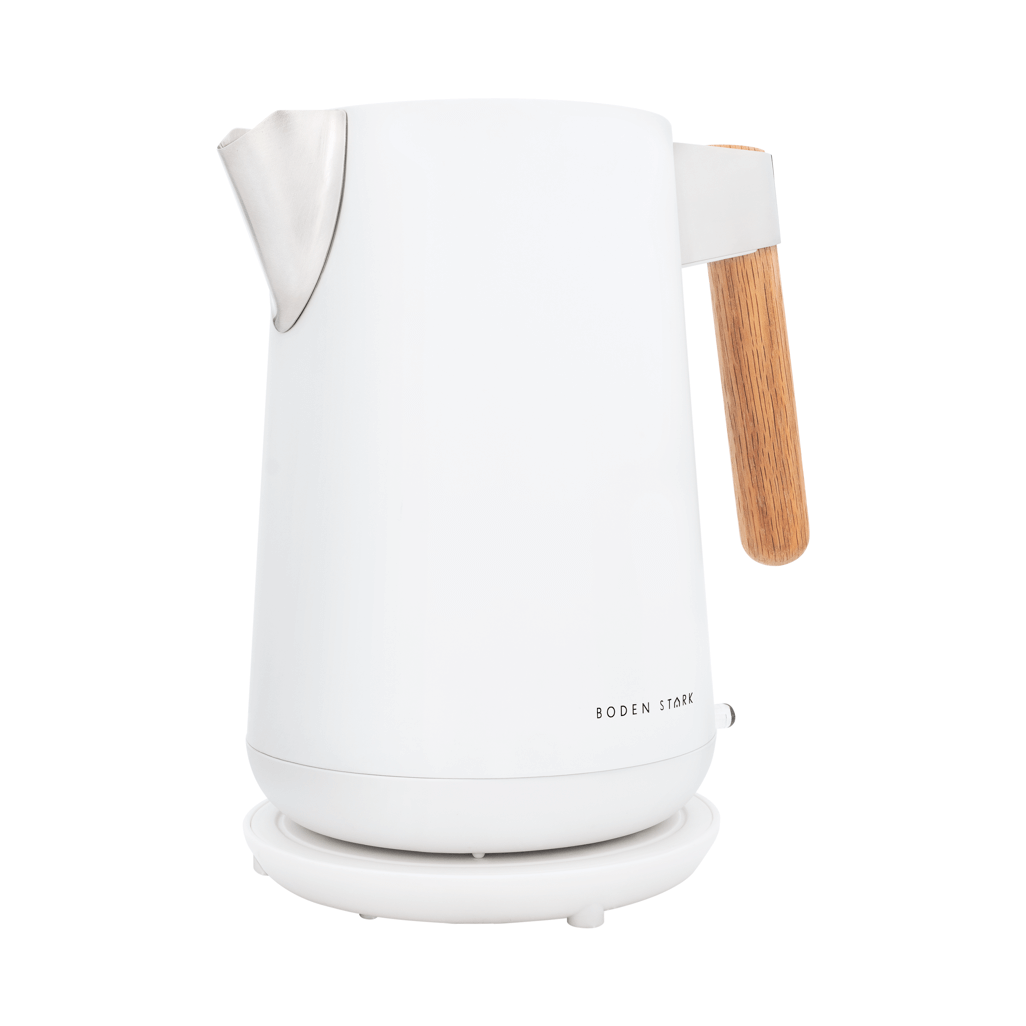Boden Stark Anson Collection 1.7L 2000W stainless steel kettle in white with wooden handle.
