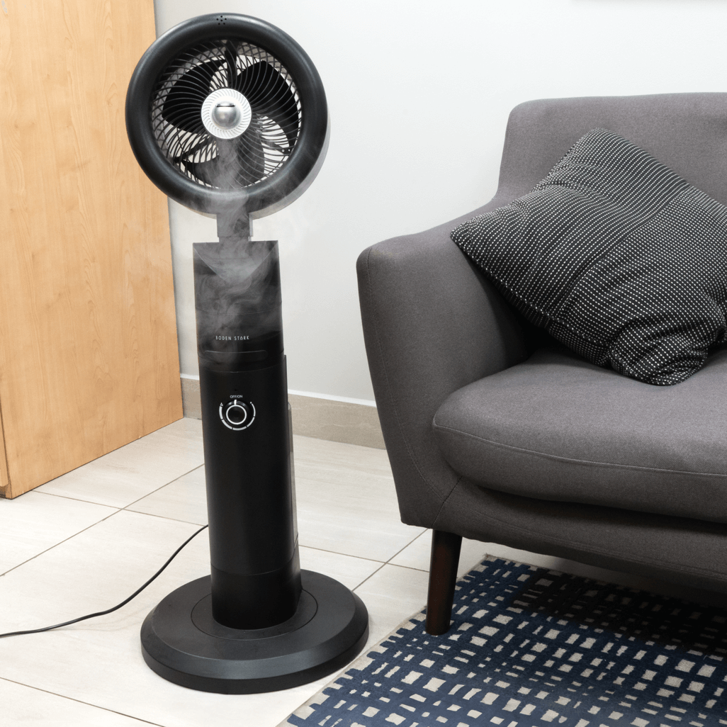 BODEN STARK 3-in-1 fan humidifier in a modern living room setting with mist effect.