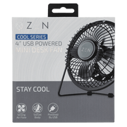 ZEN Cool series 4 inch mini desk fan package showcasing strong airflow and USB power in sleek black design.
