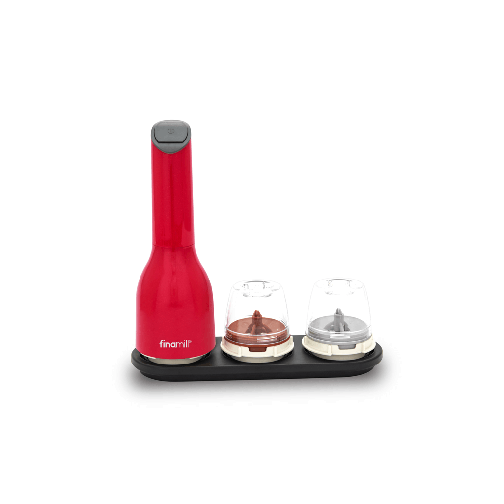 FINAMILL battery-operated grinder in Sangria color with two interchangeable grinding containers.