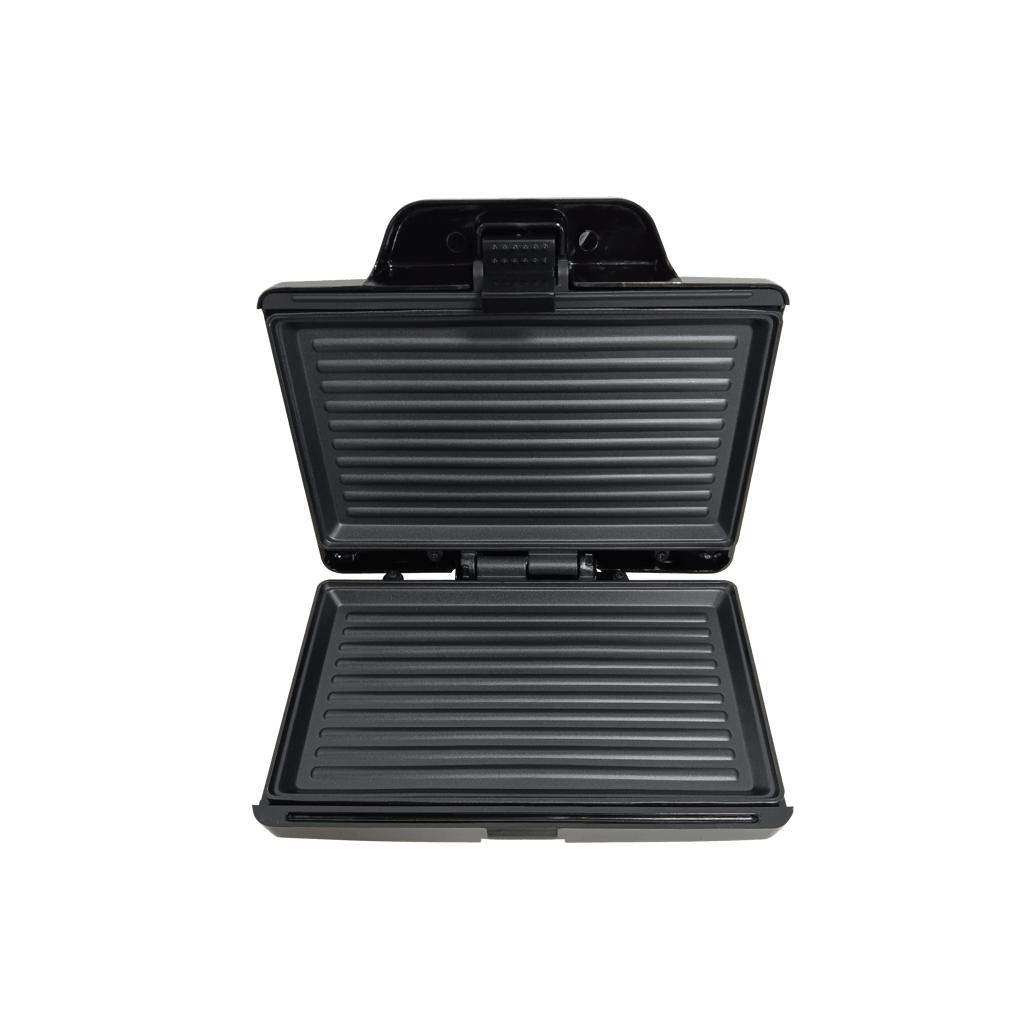 Elektra 2 Slice Grill with an open lid, showcasing its non-stick grill plates for easy cooking.